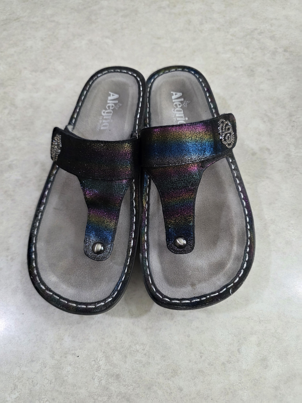 Alegria Multicolor Iridescent Leather Thong Sandals
